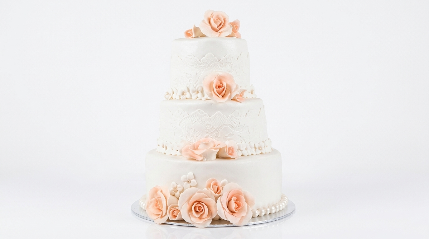 Elegant 3-tier wedding cake with peach roses, Durban wedding cake by CakesbyVan